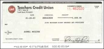 Counterfeit cashier's check from Teacher's Credit Union, South Bend, IN