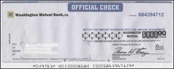 Counterfeit cashier's check from Washington Mutual Bank