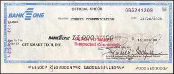 Conterfeit official check from Bank One, Illinois