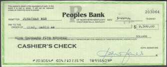Conterfeit cashier's check from Peoples Bank or Northern Kentucky