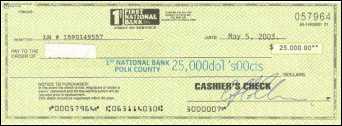 Bogus cashier's check from 1st National Bank, Polk Co., IL