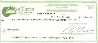 Fraudulent cashier's check from Rocky Mt Credit Union, Helena, MT